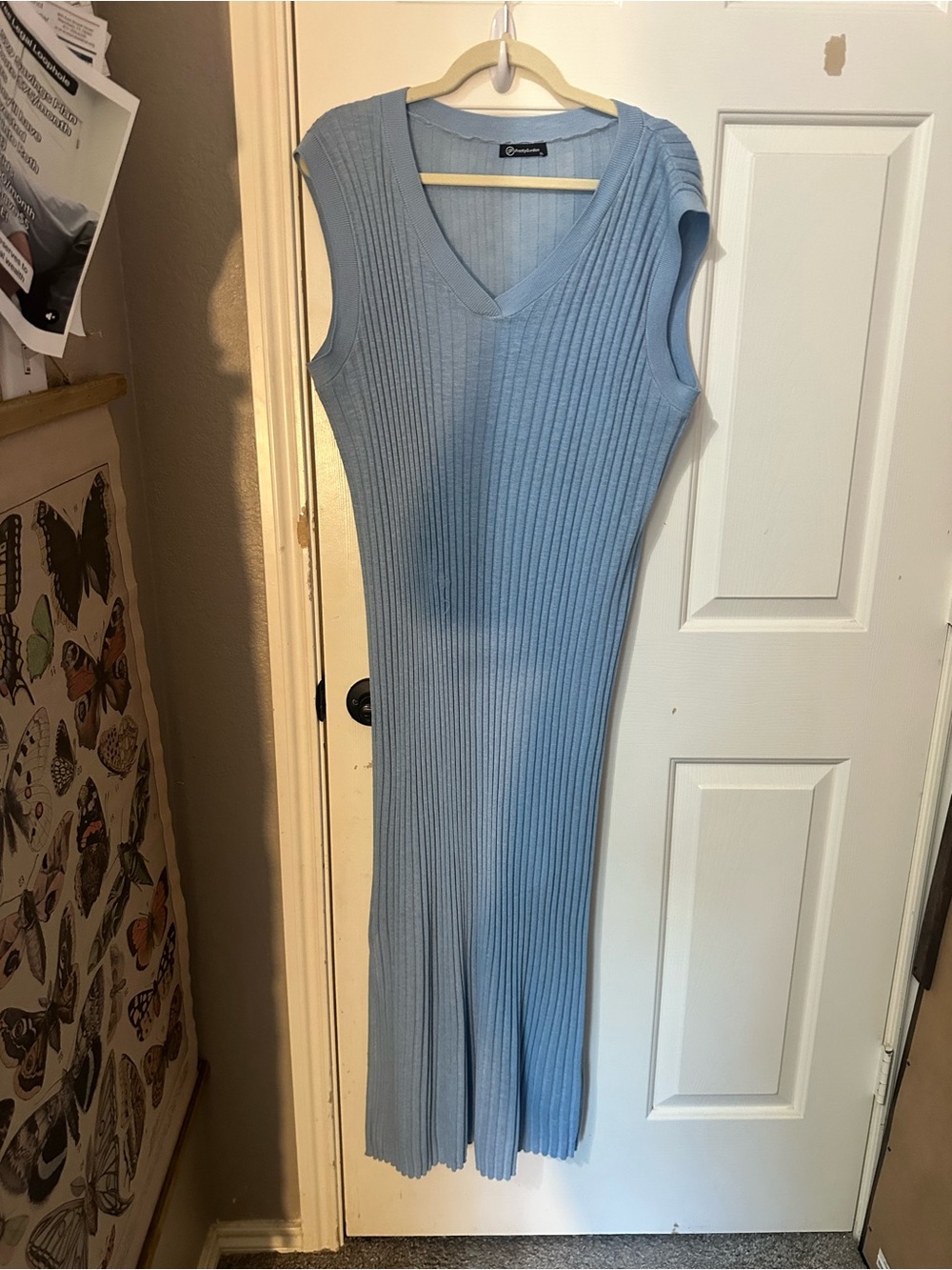 Sleeveless V-Neck Ribbed Midi Dress in Light Blue